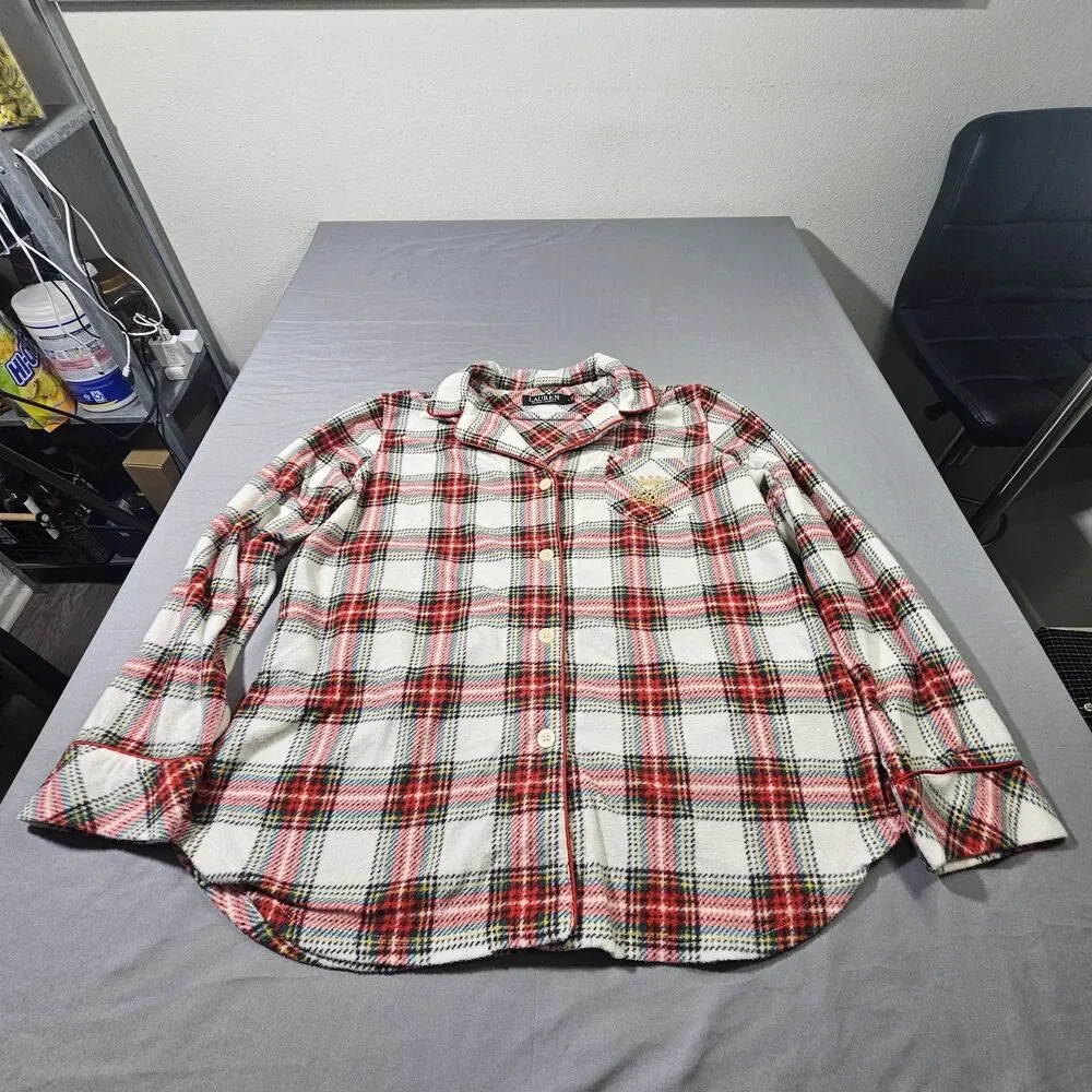 Lauren Ralph Lauren Pajama Top Large L Plaid Fleece Flannel Button Up Crest Red